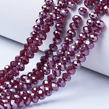 Honeyhandy Electroplate Glass Beads Strands, Pearl Luster Plated, Faceted, Rondelle, Dark Red, 4x3mm, Hole: 0.4mm, about 123~127pcs/strand, 17~17.5 inch(43~44cm)