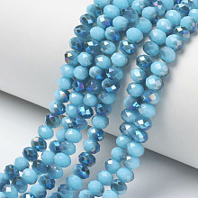 Honeyhandy Electroplate Opaque Solid Color Glass Beads Strands, Half Plated, Blue Plated, Faceted, Rondelle, Deep Sky Blue, 4x3mm, Hole: 0.4mm, about 123~127pcs/strand, 16.5~16.9 inch(42~43cm)