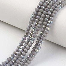 Honeyhandy Electroplate Opaque Solid Color Glass Beads Strands, Half Rainbow Plated, Faceted, Rondelle, Gray, 6x5mm, Hole: 1mm, about 85~88pcs/strand, 16.1~16.5 inch(41~42cm)