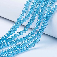 Honeyhandy Electroplate Glass Beads Strands, Pearl Luster Plated, Faceted, Rondelle, Deep Sky Blue, 10x8mm, Hole: 1mm, about 65~66pcs/strand, 20.8~21.2 inch(53~54cm)