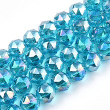 Honeyhandy Electroplate Transparent Glass Beads Strands, Faceted, Round, Deep Sky Blue, 8x7.5mm, Hole: 1mm, about 70pcs/strand, bout 70~72pcs/strand, 20.67 inch~21.26 inch(52.5~54cm)