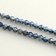 Honeyhandy Electroplate Glass Bead Strands, Rainbow Plated, Faceted Bicone, Marine Blue, 4x4.5mm, Hole: 1mm, about 92~96pcs/strand, 13.78~14.37 inch