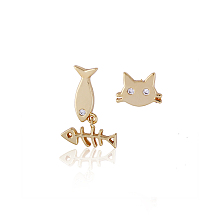 Honeyhandy Real 18K Gold Plated Brass Cubic Zirconia Kitten Dangle Stud Earrings, Cat and Fish, Asymmetrical Earrings, 15x11mm