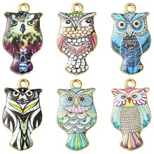 Honeyhandy 6Pcs 6 Colors Rack Plating Alloy Enamel Pendants, Light Gold, Owl, Mixed Color, 23.5x13x2mm, Hole: 1.4mm, 1pc/color