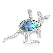 Honeyhandy Paua/Abalone Shell Pendants, with Brass Findings, Kangaroo, Platinum, Sea Green, 33.5x48x3mm, Hole: 5.5x7mm