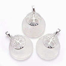 Honeyhandy Natural Quartz Crystal Pendants, Rock Crystal Pendants, with Platinum Tone Brass Findings, Flat Round with Tree of Life, 32.5~33x27.5~28x5~6mm, Hole: 5x7mm