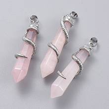 Honeyhandy Natural Rose Quartz Big Pointed Pendants, with Platinum Plated Brass Bails, Faceted, Bullet with Snake, 59~61.5x11~12x11~12mm, Hole: 5x8mm