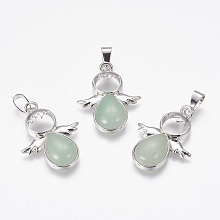 Honeyhandy Natural Green Aventurine Pendants, Angel, with Brass Finding, Platinum, 34x25.5x4.5~6.5mm, Hole: 4~5x7mm