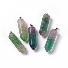 Honeyhandy Natural Fluorite Double Terminated Pointed Pendants, with Platinum Tone Brass Findings, Bullet, 39x10x10mm, Hole: 3x6mm