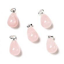 Honeyhandy Natural Rose Quartz Pendants, with Platinum Tone Brass Findings, Teardrop Charm, 20~21x11~12mm, Hole: 6x3.5mm