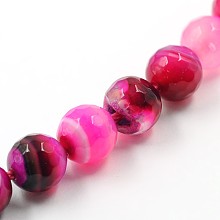 Honeyhandy Dyed Natural Striped Agate/Banded Agate Faceted Round Bead Strands, Camellia, 8mm, Hole: 1mm, about 48pcs/strand, 15.4 inch