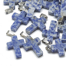 Honeyhandy Natural Blue Spot Jasper Pendants, with Stainless Steel Snap On Bails, Cross, 29~30x18~19x5~6mm, Hole: 6x4mm