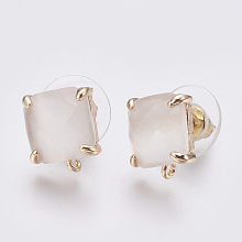 Honeyhandy Faceted Glass Stud Earring Findings, with Loop, Light Gold Plated Brass Findings, Square, White, 11x10x5mm, Hole: 1mm, Pin: 0.8mm