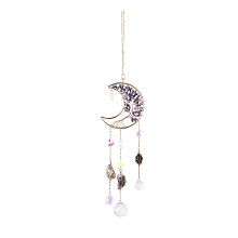 Honeyhandy Natural Amethyst Chips Beaded Moon Hanging Sun Catchers, Faceted Glass Octagon & Teardrop, Rainbow Maker, with Iron Findings, 430mm