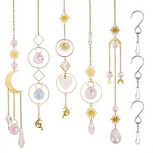 Honeyhandy Brass Wind Chime Ornament, Moon & Star & Sun & Fairy & Ring & Rhombus with Glass Beads, for Wall Hangings Decoration, with Stainless Steel Swivel Hooks Clips, Mixed Color, 410~470mm, Hole: 11mm, 1pc/style