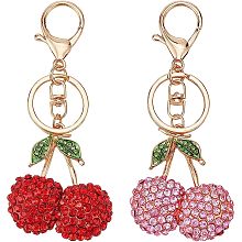 BENECREAT 2 Styles Lovely Cherry with Leaves Keychain, Zinc Alloy Rhinestone Keychain with Iron Key Rings, Purse Pendant Handbag Charm for Birthday, Mother's Day, Graduation