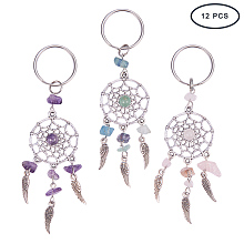 PandaHall Elite 12PCS 3-Color Dreamcatcher Keychain Keyring Natural Chip Gemstone Feather Key Chain Bag Hanging Ring Ornaments Car Pendant