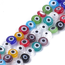 Honeyhandy Handmade Evil Eye Lampwork Beads Strands, Flat Round, Mixed Color, 6x2.5mm, Hole: 1mm, about 64~65pcs/strand, 14.1 inch~14.5 inch