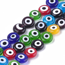 Honeyhandy Handmade Evil Eye Lampwork Beads Strands, Flat Round, Mixed Color, 9.5x3.5mm, Hole: 1.2mm, about 38pcs/strand, 14.1 inch~14.5 inch