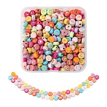 Honeyhandy 5 Style Opaque Mixed Color Acrylic Beads, Metal Enlaced, Flat Round with Mixed Letters, Mixed Color, 6.5~7x3~4mm, Hole: 1.5~1.8mm, about 50g/box, 405pcs/50g