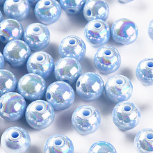 Honeyhandy Opaque Acrylic Beads, AB Color Plated, Round, Light Sky Blue, 10x9mm, Hole: 2mm, about 940pcs/500g