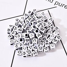 Honeyhandy Craft White Acrylic Beads, Cube with Black Mixed Expression, 6x6x6mm, Hole: 3.5mm, about 100pcs/bag