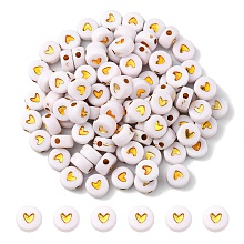 Honeyhandy Plating Acrylic Beads, Metal Enlaced, Flat Round with Heart, White, 6.5~7x3.7mm, Hole: 1.8mm