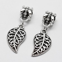 Honeyhandy Alloy European Dangle Charms, Leaf, Large Hole Pendants, Antique Silver, 29mm, Hole: 5mm