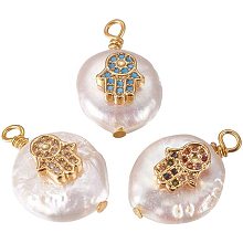 CHGCRAFT 10Pcs Natural Pearl Pendants Hamsa Hand Shaped Charms with Cubic Zirconia and Brass Findings Flat Round Golden and Mixed Color Findings for DIY Jewelry Making