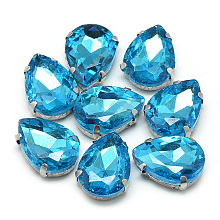 Honeyhandy Sew on Rhinestone, Multi-strand Links, Glass Rhinestone, with 201 Stainless Steel Prong Settings, Garments Accessories, Faceted, teardrop, Deep Sky Blue, 14x10x6mm, Hole: 0.8~1mm