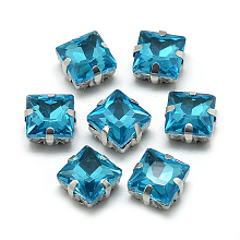 Honeyhandy Sew on Rhinestone, Multi-strand Links, Glass Rhinestone, with Brass Prong Settings, Garments Accessories, Faceted, Square, Platinum, Deep Sky Blue, 8x8x5.5mm, Hole: 0.8~1mm