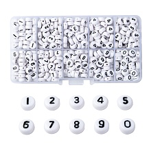 Honeyhandy Acrylic Beads , Flat Round with Number 0~9, Black & White, Mixed, 7x4mm, Hole: 1.3mm, 10 numbers, about 72pcs/number, 720pcs/box