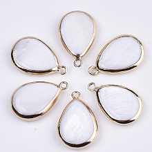 Honeyhandy Natural Freshwater Shell Pendants, with Golden Plated Brass Open Back Settings, Teardrop, Seashell Color, 23x15x4mm, Hole: 1.8mm