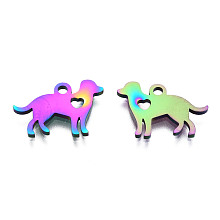 Honeyhandy Ion Plating(IP) 304 Stainless Steel Puppy Pendants, Dog with Heart Charms, Rainbow Color, 11x15.5x1mm, Hole: 1.5mm