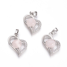 Honeyhandy Natural Rose Quartz Pendants, with Platinum Tone Brass Findings and Crystal Rhinestone, Heart, 29x21.5x9mm, Hole: 7x3.5mm