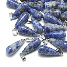 Honeyhandy Natural Blue Spot Jasper Pendants, with Stainless Steel Snap On Bails, teardrop, 28~30x10~12mm, Hole: 6x4mm