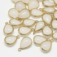 Honeyhandy Glass Pendants, with Golden Tone Brass Findings, teardrop, WhiteSmoke, 18.5x12.5x7mm, Hole: 1.5mm