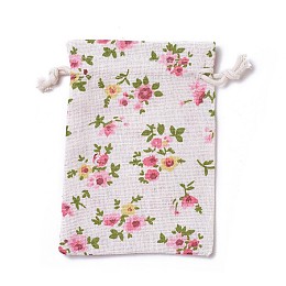 Honeyhandy Burlap Packing Pouches, Drawstring Bags, Rectangle with Flower Pattern, Colorful, 14~14.4x10~10.2cm