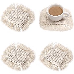 CHGCRAFT 4Pcs Square Macrame Coasters Handwoven Cotton Coaster Boho Handmade Absorbent Placemats for Wooden Desk Table Kitchen Handmade Housewarming Gift Presents, 185x185x11.5mm