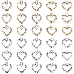 SUPERFINDINGS 60Pcs 2 Colors Rhinestone Heart Pendant 17x15mm Love Shape Alloy Rhinestone Charms Valentine Heart Charms for DIY Necklace Jewelry Making, Hole: 2.5mm