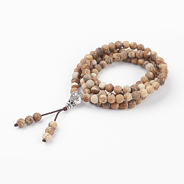 Honeyhandy Dual-use Items, Four Loops Natural Picture Jasper Wrap Buddhist Bracelets or Beaded Necklaces, with Burlap Bags, Antique Silver, 27.9 inch(71cm)