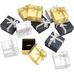 PandaHall Elite 12 Pack Jewelry Gift Box 1.9x1.9x1.2" Square Ring Earring Box Cardboard Boxes Small Gift Box with Ribbon Bowknot for Valentine's Day, Weddings, Birthdays, Christmas, Golden/Silver/Black