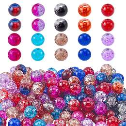 Transparent Crackle Glass Beads, Round, Mixed Color, 8mm, Hole: 1.3~1.6mm, 10 colors, 20pcs/color, 200pcs/box