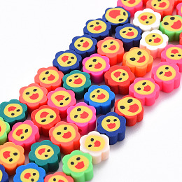 Honeyhandy Handmade Polymer Clay Beads Strands, for DIY Jewelry Crafts Supplies, Flower with Smiling Face, Mixed Color, 9x9~10x4~5mm, Hole: 1.6mm, about 37~39pcs/strand, 13.39 inch~14.17 inch(34~36cm)