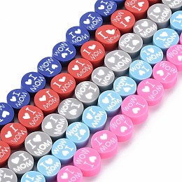 Honeyhandy Handmade Polymer Clay Bead Strands, Mother's Day Theme, Flat Round with Word I Love MOM, Mixed Color, 8x4mm, Hole: 1.4mm, about 40pcs/strand, 13.58 inch~ 14.37 inch(34.5cm~36.5cm)