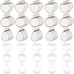 DICOSMETIC 60pcs 3 Styles Stainless Steel Flat Round Pendant Trays Treadrop Blank Pendants Heart Plain Edge Bezel Cups with Transparent Glass Cabochons for Jewelry Making