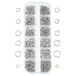 Honeyhandy 12 Styles 304 Stainless Steel Jump Rings Sets, Open Jump Rings, Round Ring, Stainless Steel Color, 4~8x0.7~1mm, inner diameter: 2.4~6mm, 865pcs/box