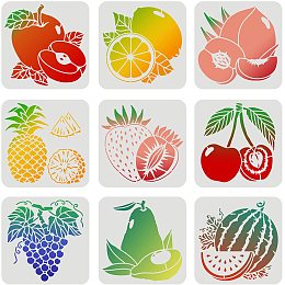 FINGERINSPIRE 9Pcs Fruits Stencils 7.87x7.87inch Plastic Pineapple Lemon Apple Watermelon Stencils Peach Pear Cherry Strawberry Grape Reusable Stencils for Painting on Wood, Floor, Wall and Tile