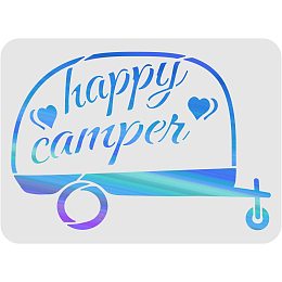 FINGERINSPIRE Happy Camper Stencil Template 11.6x8.3 inch Plastic Camper Pattern Drawing Painting Stencils Rectangle Reusable Stencils for Painting on Wood, Floor, Wall and Tile