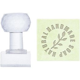 PandaHall Elite Circular Text Soap Stamp, Leaf Soap Embossing Stamp with Handle Clear Acrylic Soap Stamps Personalized Square Stamp for Handmade Soap Clay Pottery Arts Crafts Making Projects